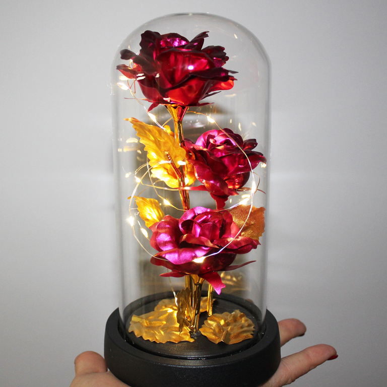 WIECZNA RÓŻA W SZKLE LED ŚWIECĄCA WALENTYNKI PUDEŁKO PREZENT DZIEŃ KOBIET, Wysokość 21 cm