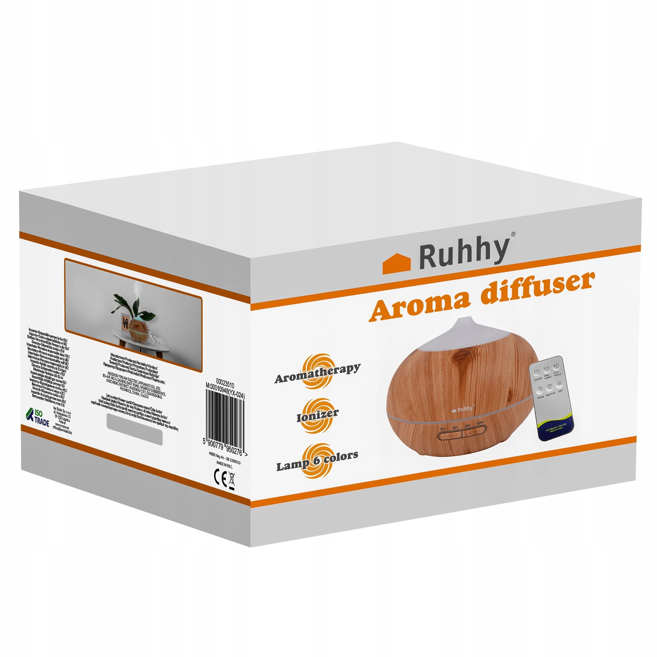 Nawilżacz Powietrza Aromaterapia Dyfuzor Zapachowy Jonizator Lampka + Pilot, Waga produktu z opakowaniem jednostkowym 0.603 kg