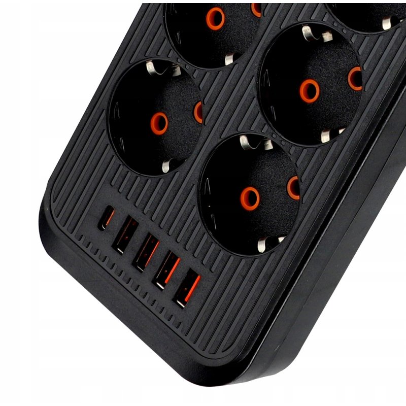 Przedłużacz Listwa Zasilająca Siec 2 M 3 Gniazda 230V + 5X USB Ładowarka, Kolor czarny