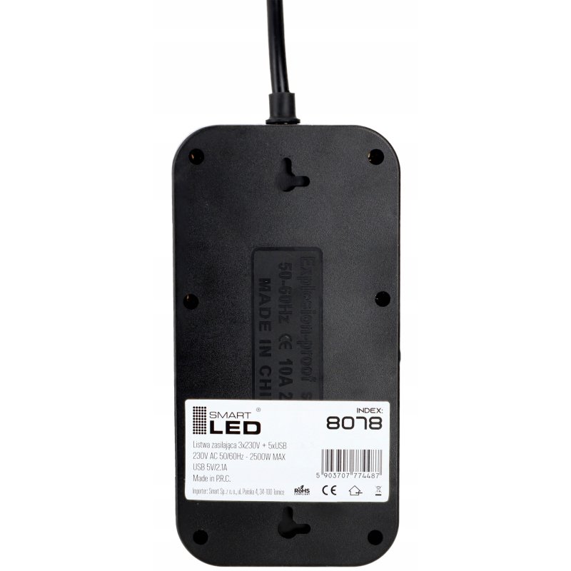 Przedłużacz Listwa Zasilająca Siec 2 M 3 Gniazda 230V + 5X USB Ładowarka, Waga produktu z opakowaniem jednostkowym 0.2 kg
