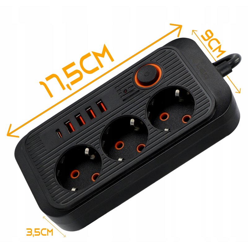 Przedłużacz Listwa Zasilająca Siec 2 M 3 Gniazda 230V + 5X USB Ładowarka, Stan opakowania oryginalne