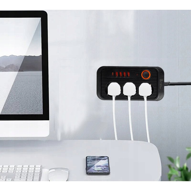 Przedłużacz Listwa Zasilająca Siec 2 M 3 Gniazda 230V + 5X USB Ładowarka, Średnica przewodu 1 mm