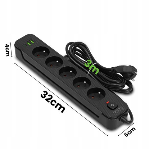 Przedłużacz Listwa Zasilająca Sieciowa 5 Gniazd 230V 3M 3x USB Ładowarka, Kolor czarny