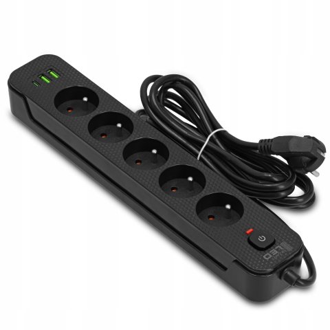 Przedłużacz Listwa Zasilająca Sieciowa 5 Gniazd 230V 3M 3x USB Ładowarka, Długość kabla 3 m