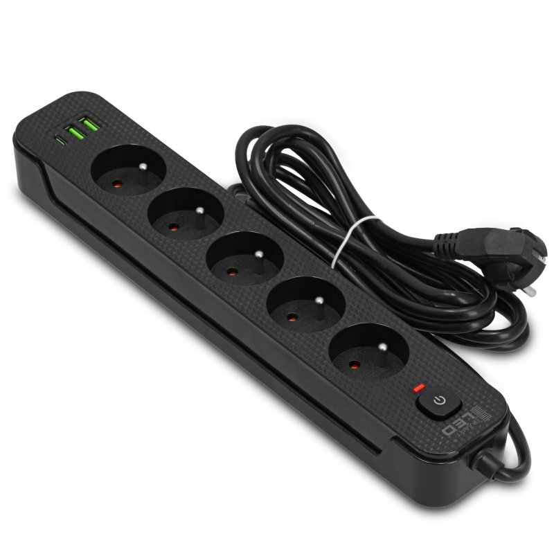 Przedłużacz Listwa Zasilająca Sieciowa 5 Gniazd 230V 3M 3x USB Ładowarka, Długość kabla 3 m