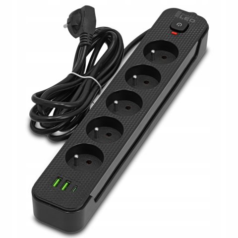 Przedłużacz Listwa Zasilająca Sieciowa 5 Gniazd 230V 3M 3x USB Ładowarka, Liczba gniazdek 8 szt.