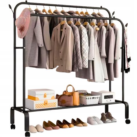 Duży WIESZAK NA UBRANIA Stojący Podwójny Stojak czarny na kółkach 150cm