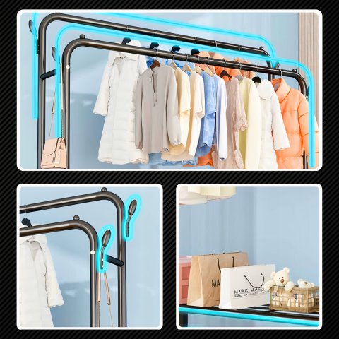 Duży WIESZAK NA UBRANIA Stojący Podwójny Stojak czarny na kółkach 150cm