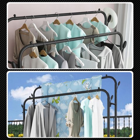 Duży WIESZAK NA UBRANIA Stojący Podwójny Stojak czarny na kółkach 150cm