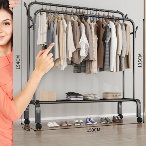 Duży WIESZAK NA UBRANIA Stojący Podwójny Stojak czarny na kółkach 150cm